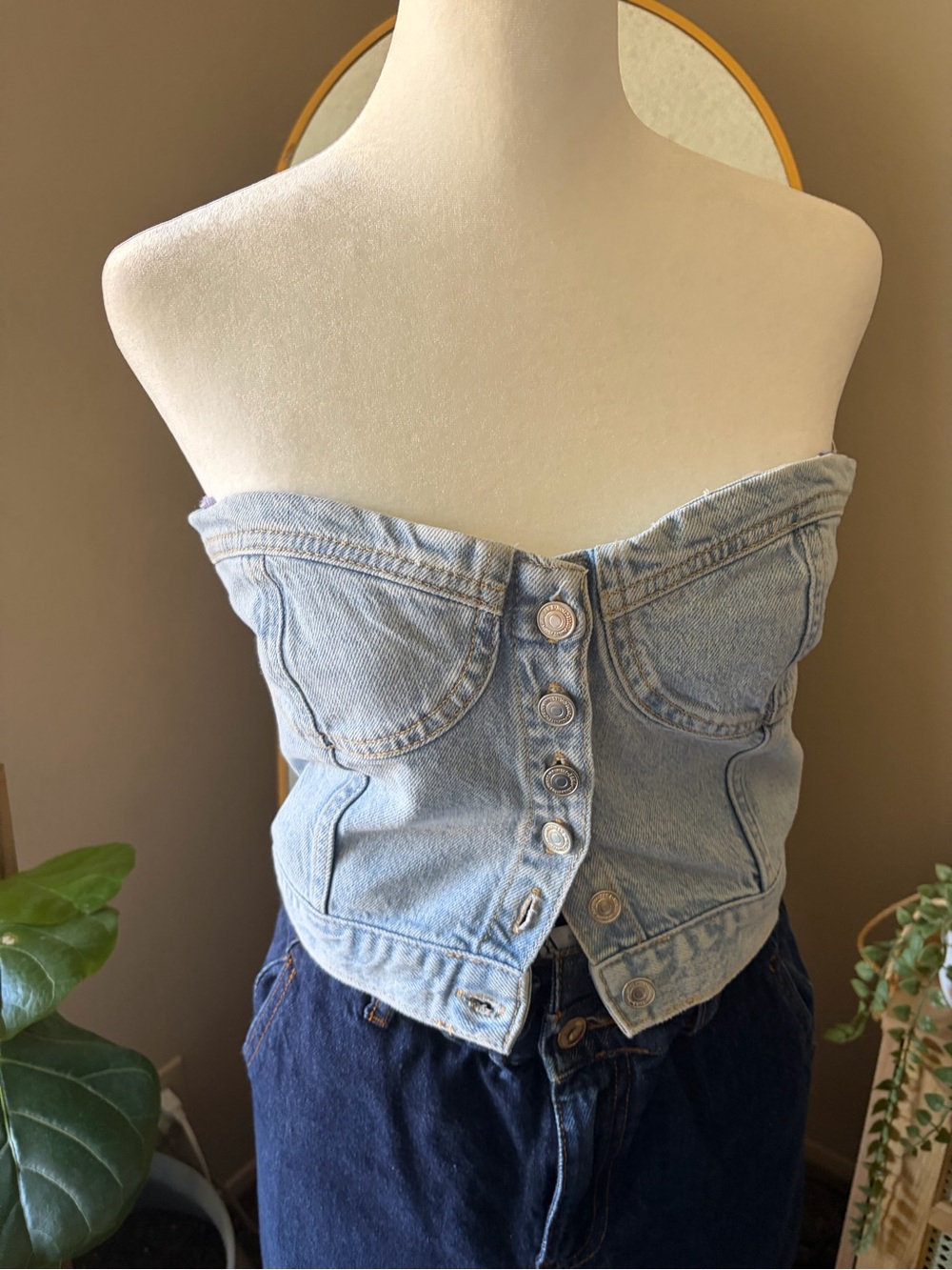 Zara Light Blue Denim Strapless Corset Jean Top